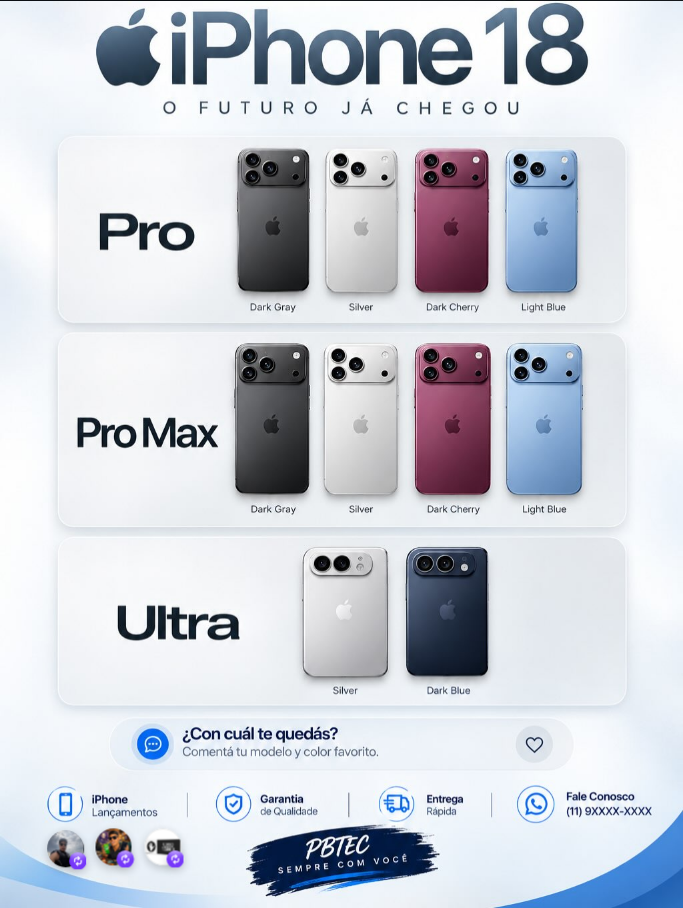 Composição ilustrativa do iPhone 18 em diferentes cores